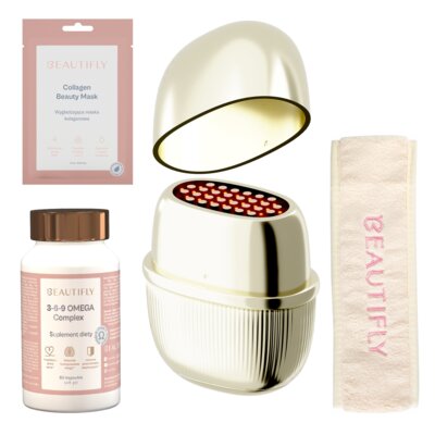 Urządzenie do terapii światłem led BEAUTIFLY Skinwow Shot Golden + Suplement diety BEAUTIFLY 3-6-9 Omega Complex (60 szt.) + Opaska zabiegowa BEAUTIFLY Beżowy + Maseczka BEAUTIFLY Collagen Beauty Mask
