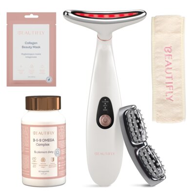 Urządzenie do terapii światłem led BEAUTIFLY Lumalift PRO + Suplement diety BEAUTIFLY 3-6-9 Omega Complex (60 szt.) + Opaska zabiegowa BEAUTIFLY Beżowy + Maseczka BEAUTIFLY Collagen Beauty Mask