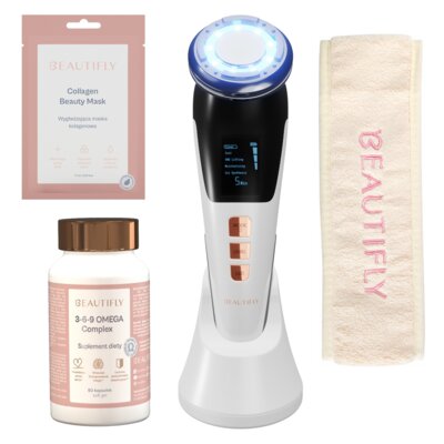 Urządzenie do mezoterapii bezigłowej BEAUTIFLY B-Glossy PRO + Suplement diety BEAUTIFLY 3-6-9 Omega Complex (60 szt.) + Maseczka BEAUTIFLY Collagen Beauty Mask (8 sztuk) + Opaska zabiegowa BEAUTIFLY Beżowy