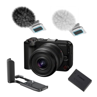 Aparat bezusterkowy CANON EOS R50 V + Obiektyw RF-S 14-30 mm f/4.0-6.3 IS STM PZ, 24.2Mpix, 4K, DIGIC X + Akumulator CANON LP-E17 + Płytka montażowa SMALLRIG 5429 L-Shape do Canon EOS R50 V + Zestaw osłon przeciwwietrznych SMALLRIG Furry do Canon EOS R50 V (2 szt.)