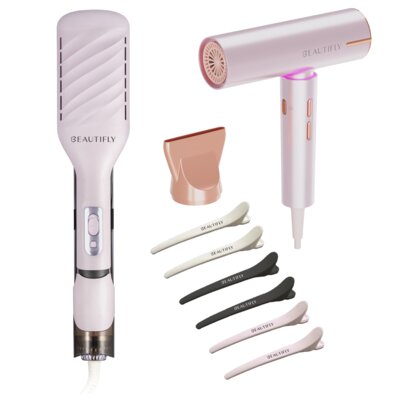 Aeroprostownica BEAUTIFLY Dual Perfection 230 stopni + Suszarka BEAUTIFLY Candy Flow 1200W + Zestaw spinek do włosów BEAUTIFLY (6 szt.)