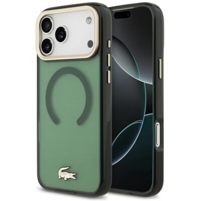 Etui LACOSTE Shockproof Transparent Frosted Gold Logo MagSafe do Apple iPhone 17 Pro Max Ciemnozielony
