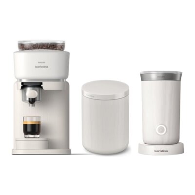 Ekspres PHILIPS Baristina BAR300/00 z zautomatyzowanym procesem mielenia i zaparzania + Pojemnik na fusy PHILIPS Baristina BAR313 00 Biały + Spieniacz PHILIPS Baristina BAR311/00 Biały