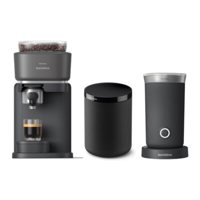 Ekspres PHILIPS Baristina BAR300/60 z zautomatyzowanym procesem mielenia i zaparzania + Pojemnik na fusy PHILIPS Baristina BAR313 60 Czarny + Spieniacz PHILIPS Baristina BAR311/60 Czarny