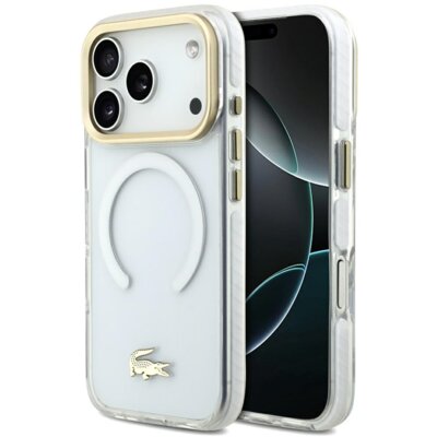 Etui LACOSTE Shockproof Transparent Frosted Gold Logo MagSafe do Apple iPhone 17 Pro Biały