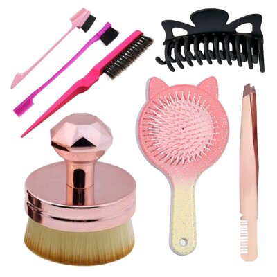 Pędzel do makijażu BEAUTIFLY Syntetyczny + Zestaw szczotek BEAUTIFLY do brwi Różowy + Szczotka do włosów BEAUTIFLY Combo Różowy + Pęseta do brwi BEAUTIFLY z grzebykiem + Klamra do włosów BEAUTIFLY (12 cm)