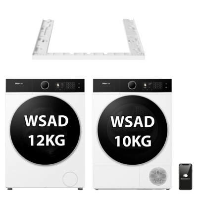Pralka HISENSE Seria 5i WF5I1245BWR 12kg 1400 obr, iJet, iFit, AutoDosing, WIFI ConnectLife + Suszarka HISENSE Seria 5i DH5I104BWAB z pompą ciepła, iCare, iDry 29min, iFit, AllergyCare, 60dB, GentleDry, ConnectLife + Łącznik HISENSE WZ3I10W