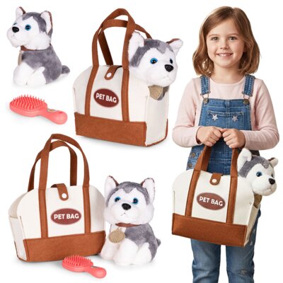 Pluszowy piesek w torebce husky maskotka dla dziecka + szczotka do pielęgnacji