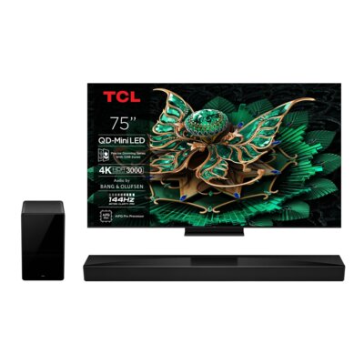 Telewizor TCL 75C7K 75" QD-Mini LED 4K 144Hz Google TV Dolby Vision IQ Dolby Atmos HDMI 2.1 + Soundbar TCL Q75HE Czarny 5.1.2-kanałowy, Bezprzewodowy Subwoofer, 4K HDR, HDMI-CEC, Wi-Fi, BT, AirPlay2, Dolby Atmos, DTS:X