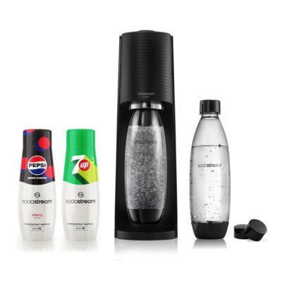 Saturator SODASTREAM Terra Czarny + 2 butelki + Syrop 7UP 440 ml + Nakrętka do butelki SODASTREAM Czarna (2 sztuki) + Syrop do saturatorów SODASTREAM Pepsi Max Cherry Zero Cukru 440 ml