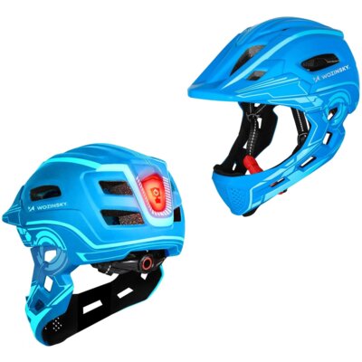 Kask rowerowy WOZINSKY HT-27N Niebieski Full Face dla Dzieci z odkręcaną szczęką i lampką (rozmiar uniwersalny)