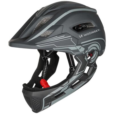 Kask rowerowy WOZINSKY HT-27S Szary Full Face dla Dzieci z odkręcaną szczęką i lampką (rozmiar S, 52-56 cm)