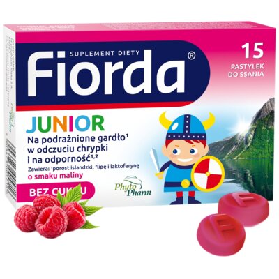 Suplement diety PHYTOPHARM Fiorda Junior Na gardło Malinowy (15 pastylek)