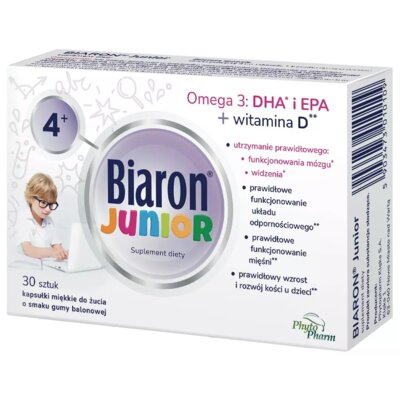 Kompleks witamin BIARON Kwasy Omega-3 DHA i EPA + Witamina D Junior (30 kapsułek)