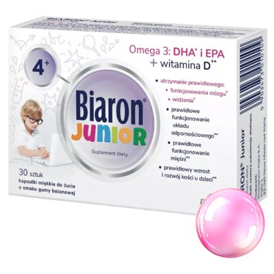 Kompleks witamin BIARON Kwasy Omega-3 DHA i EPA + Witamina D Junior (30 kapsułek)
