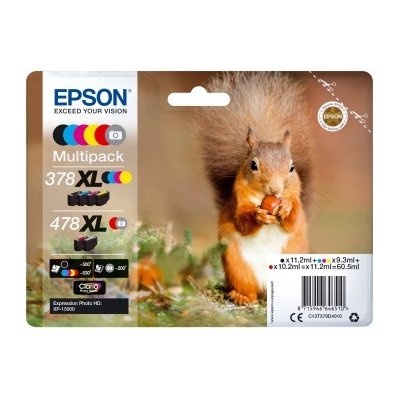 Zestaw tuszów EPSON 378XL / 478XL Czarny 11.2 ml, Błękitny 9.3 ml, Purpurowy 9.3 ml, Żółty 9.3 ml, Czerwony 10.2 ml, Szary 11.2 ml C13T379D4010