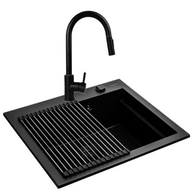 Zlewozmywak jednokomorowy PYRAMIS Siros 1B Czarny 51.5x57 + bateria + rolmata