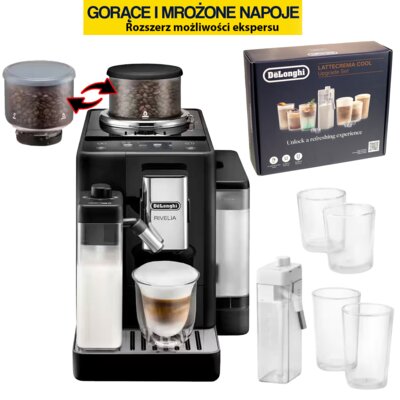 Ekspres DELONGHI Rivelia EXAM 440.55.B Kawa mrożona (2 wymienne zbiorniki kawy) + Zestaw DELONGHI DLSC032 Lattecrema Cool Upgrade Set