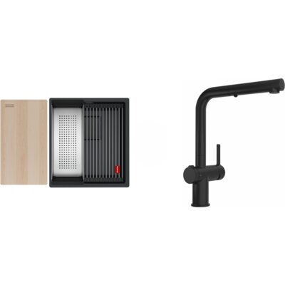 Zlewozmywak jednokomorowy FRANKE Kanon KNG PRO 110-37 125.0749.685 Czarny mat 41x46 + Bateria Active L Twist