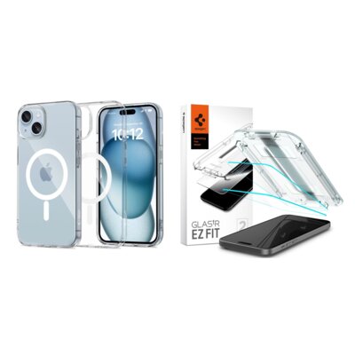 Etui TECH-PROTECT Flexair MagSafe do Apple iPhone 15 Przezroczysty + Szkło hartowane SPIGEN Glas.TR EZ Fit 2-Pack do Apple iPhone 15