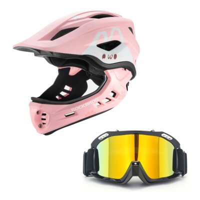 Kask rowerowy ROCKBROS TT-32002 Rabbit Różowy Full Face dla Dzieci z odkręcaną szczęką (rozmiar M) + Gogle XRIDER XRRG001 Uniwersalne