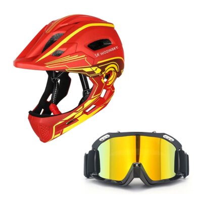 Kask rowerowy WOZINSKY HT-27CZ Czerwono-żółty Full Face dla Dzieci z odkręcaną szczęką i lampką (rozmiar uniwersalny) + Gogle XRIDER XRRG001 Uniwersalne