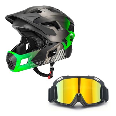 Kask rowerowy ROCKBROS TS-61 10110061004 Zielony Full Face dla Dzieci z odkręcaną szczęką (rozmiar M, 54-57 cm) + Gogle XRIDER XRRG001 Uniwersalne