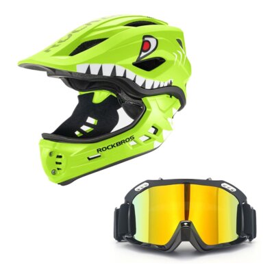 Kask rowerowy ROCKBROS TT-32004 Shark Zielony Full Face dla Dzieci z odkręcaną szczęką (rozmiar M) + Gogle XRIDER XRRG001 Uniwersalne