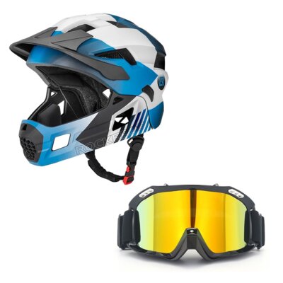Kask rowerowy ROCKBROS TS-61 10110061002 Niebieski Full Face dla Dzieci z odkręcaną szczęką (rozmiar M) + Gogle XRIDER XRRG001 Uniwersalne
