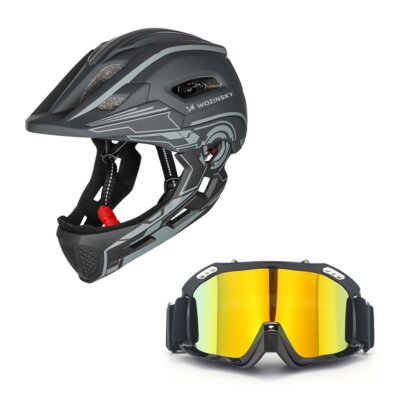 Kask rowerowy WOZINSKY HT-27S Szary Full Face dla Dzieci z odkręcaną szczęką i lampką (rozmiar S, 52-56 cm) + Gogle XRIDER XRRG001 Uniwersalne