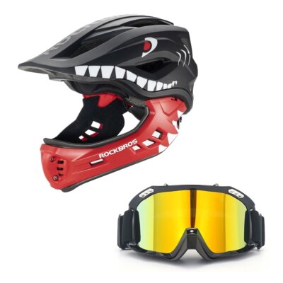 Kask rowerowy ROCKBROS TT-32005 Shark Czarny Full Face dla Dzieci z odkręcaną szczęką (rozmiar M) + Gogle XRIDER XRRG001 Uniwersalne