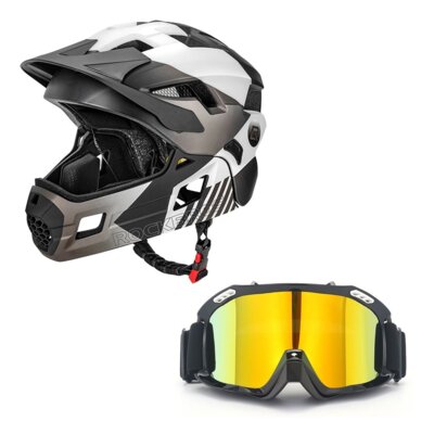 Kask rowerowy ROCKBROS TS-61 10110061006 Szary Full Face dla Dzieci z odkręcaną szczęką (rozmiar M) + Gogle XRIDER XRRG001 Uniwersalne