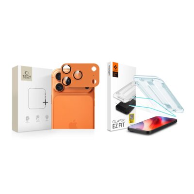 Nakładka na aparat TECH-PROTECT CamFull Fit+ do Apple iPhone 17 Pro Pomarańczowy + Szkło hartowane SPIGEN Glas.TR EZ Fit do Apple iPhone 16 Pro/17/17 Pro Przezroczysty (2 szt.)