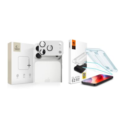 Nakładka na aparat TECH-PROTECT CamFull Fit+ do Apple iPhone 17 Pro Srebrny + Szkło hartowane SPIGEN Glas.TR EZ Fit do Apple iPhone 16 Pro/17/17 Pro Przezroczysty (2 szt.)