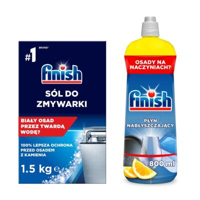 Sól do zmywarek FINISH 1.5 kg + Nabłyszczacz do zmywarek FINISH Shine Protect Cytrynowy 800 ml