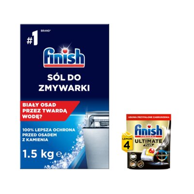 Sól do zmywarek FINISH 1.5 kg + Kapsułki do zmywarek FINISH Powerball Ultimate Plus All In 1 Lemon - 4 szt.
