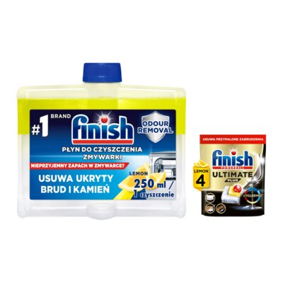Płyn do czyszczenia zmywarek FINISH Lemon 250 ml + Kapsułki do zmywarek FINISH Powerball Ultimate Plus All In 1 Lemon - 4 szt.