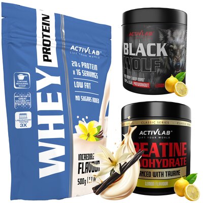 Zestaw na masę ACTIVLAB Odżywka białkowa Whey Protein WPC 85 Waniliowy (500 g) Bez cukru + Monohydrat kreatyny Cytrynowy (300 g) + Przedtreningówka ACTIVLAB Black Wolf Cytrynowy (300 g)