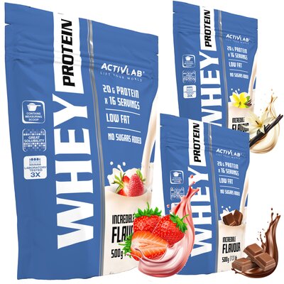 Odżywki białkowe ACTIVLAB Bez cukru mix smaków Whey Protein WPC 85 Truskawkowy (500 g) + Whey Protein WPC 85 Waniliowy (500 g) + Whey Protein WPC 85 Czekoladowy (500 g)