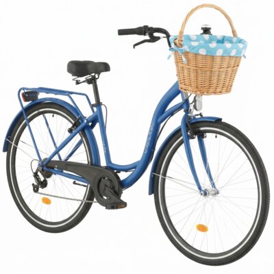 Rower miejski DAWSTAR Citybike S7B 28 cali damski Granatowy + Koszyk wiklinowy na rower VÖGEL VKS-505 Stylowy + Wkład do koszyka VÖGEL VKSC705MTV Błękitno-biały