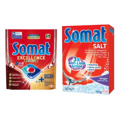 Tabletki do zmywarek SOMAT Excellence Premium 5w1 - 24 szt. + Sól do zmywarek SOMAT 1.5 kg
