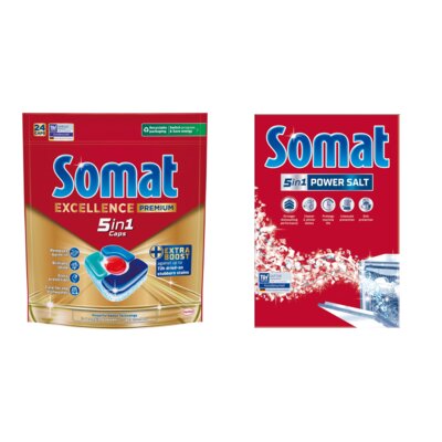 Tabletki do zmywarek SOMAT Excellence Premium 5w1 - 24 szt. + Sól do zmywarek SOMAT 1.5 kg