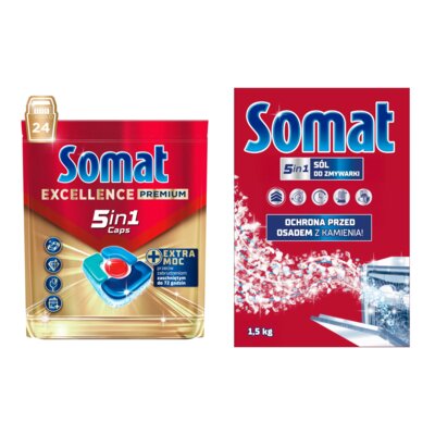 Tabletki do zmywarek SOMAT Excellence Premium 5w1 - 24 szt. + Sól do zmywarek SOMAT 1.5 kg