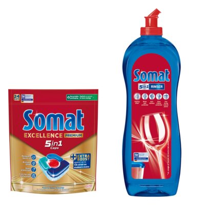 Tabletki do zmywarek SOMAT Excellence Premium 5w1 - 24 szt. + Nabłyszczacz do zmywarek SOMAT Rinser 750 ml