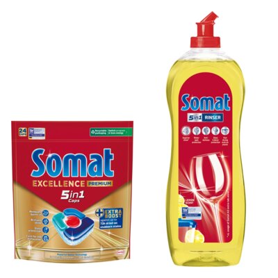 Tabletki do zmywarek SOMAT Excellence Premium 5w1 - 24 szt. + Nabłyszczacz do zmywarek SOMAT Lemon & Lime 750 ml