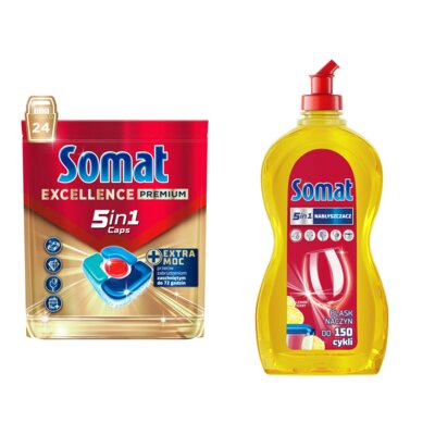 Tabletki do zmywarek SOMAT Excellence Premium 5w1 - 24 szt. + Nabłyszczacz do zmywarek SOMAT Lemon & Lime 750 ml