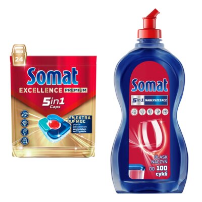 Tabletki do zmywarek SOMAT Excellence Premium 5w1 - 24 szt. + Nabłyszczacz do zmywarek SOMAT Original 500 ml