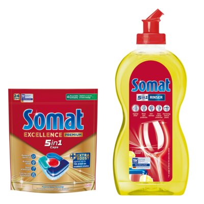 Tabletki do zmywarek SOMAT Excellence Premium 5w1 - 24 szt. + Nabłyszczacz do zmywarek SOMAT Lemon & Lime 500 ml