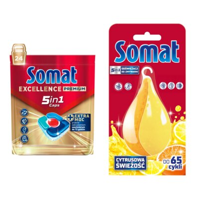Tabletki do zmywarek SOMAT Excellence Premium 5w1 - 24 szt. + Odświeżacz do zmywarek SOMAT Somat Deo Lemon