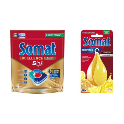 Tabletki do zmywarek SOMAT Excellence Premium 5w1 - 24 szt. + Odświeżacz do zmywarek SOMAT Somat Deo Lemon